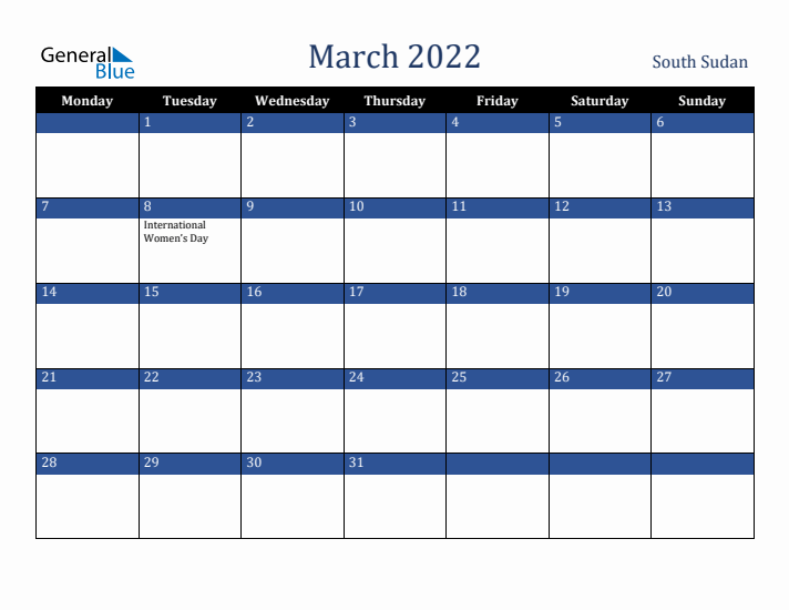 March 2022 South Sudan Calendar (Monday Start)