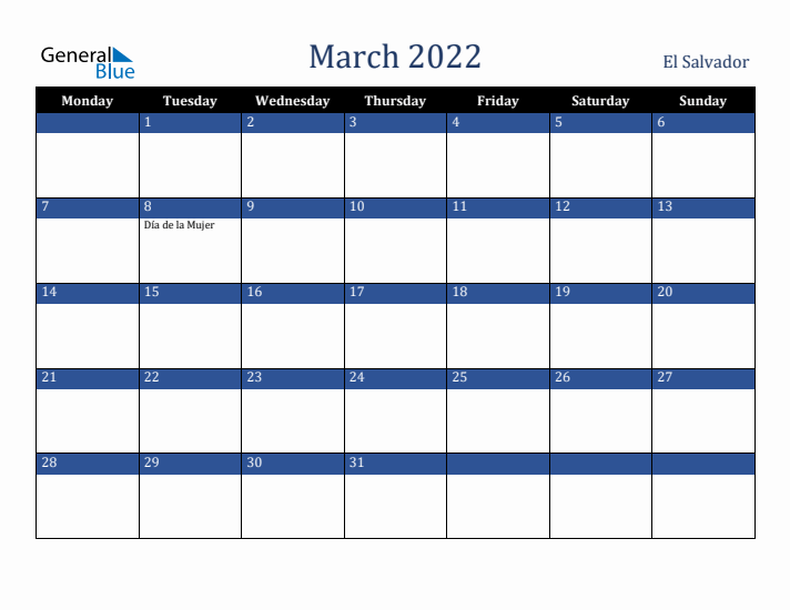 March 2022 El Salvador Calendar (Monday Start)
