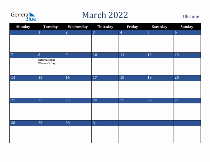 March 2022 Ukraine Calendar (Monday Start)