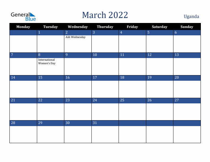 March 2022 Uganda Calendar (Monday Start)
