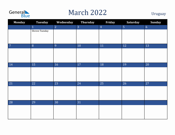 March 2022 Uruguay Calendar (Monday Start)