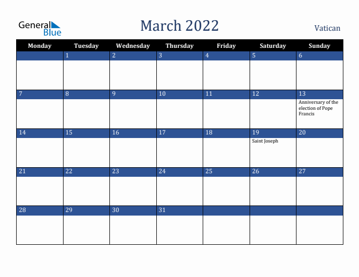 March 2022 Vatican Calendar (Monday Start)