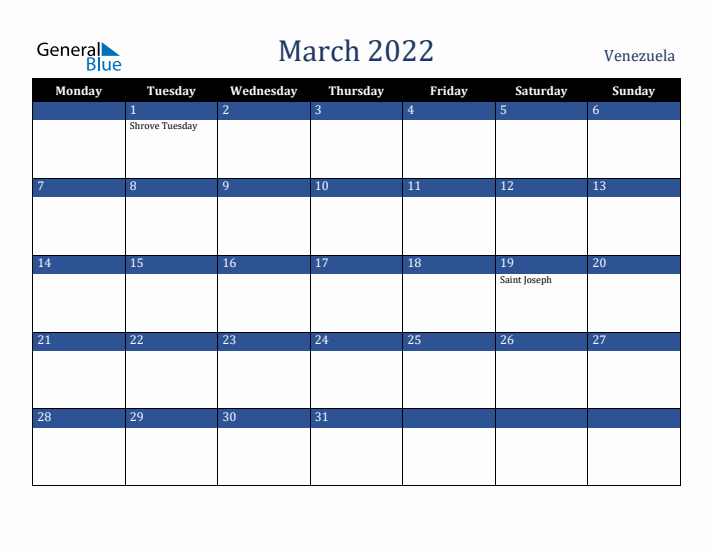 March 2022 Venezuela Calendar (Monday Start)