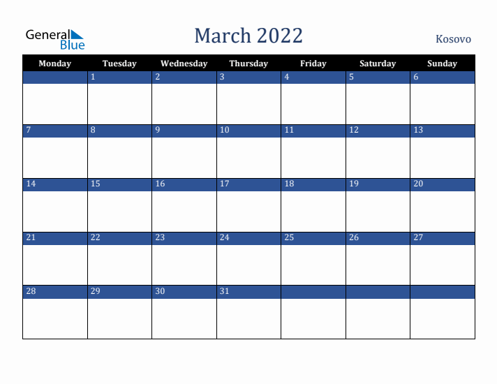 March 2022 Kosovo Calendar (Monday Start)