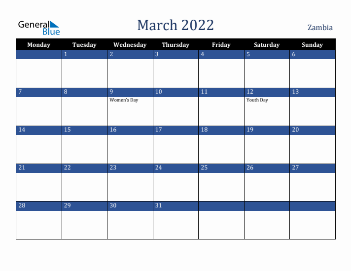 March 2022 Zambia Calendar (Monday Start)