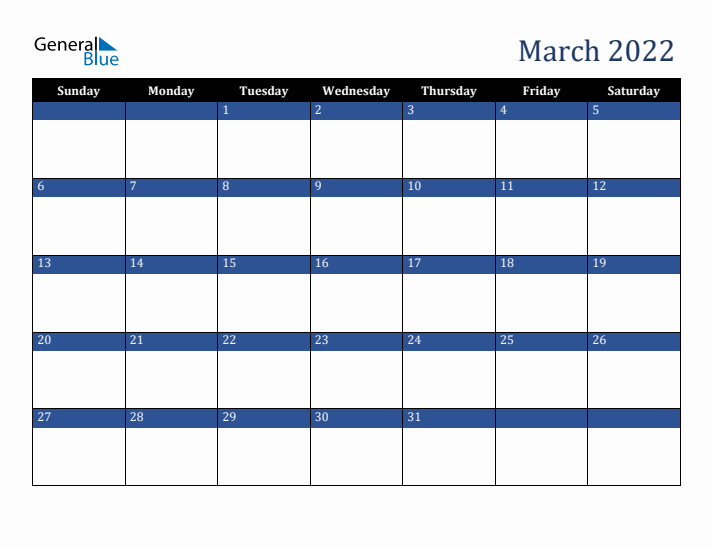 Sunday Start Calendar for March 2022