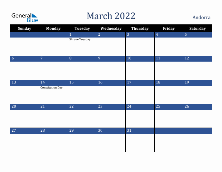 March 2022 Andorra Calendar (Sunday Start)