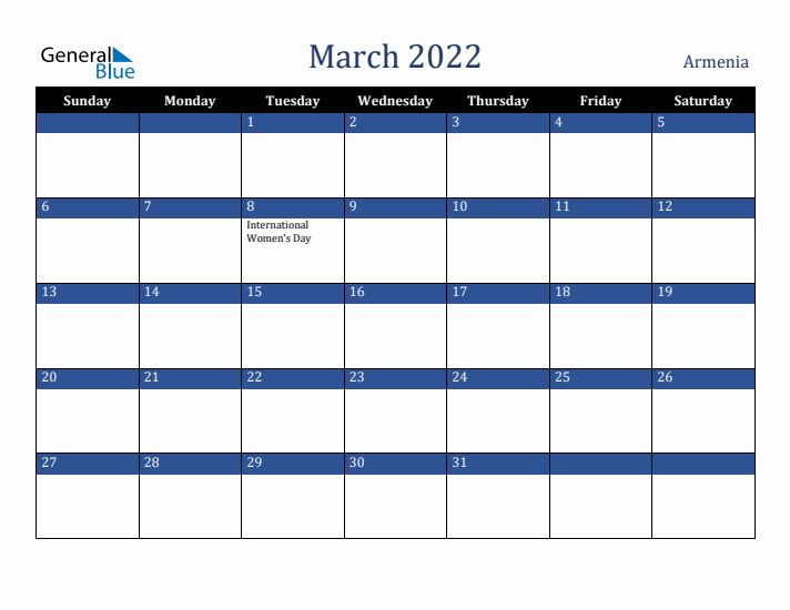 March 2022 Armenia Calendar (Sunday Start)