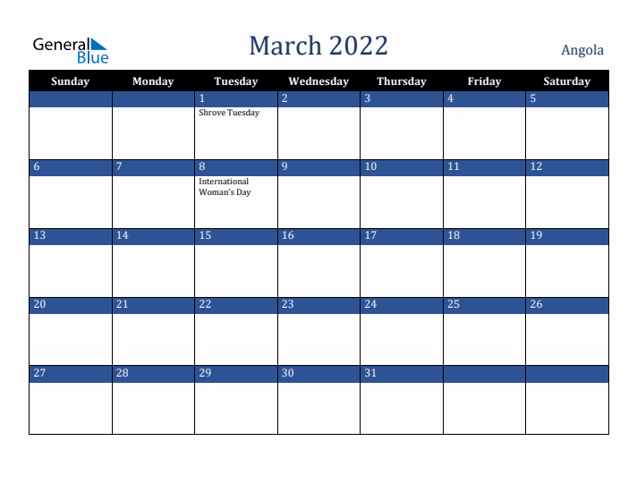 March 2022 Angola Calendar (Sunday Start)