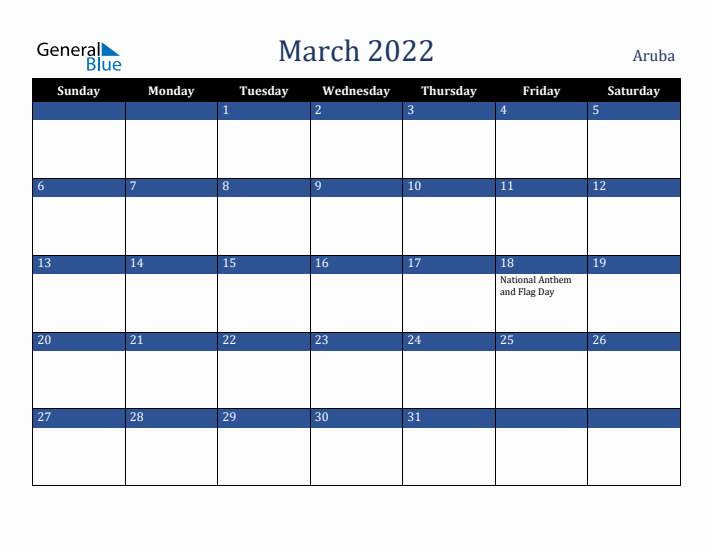 March 2022 Aruba Calendar (Sunday Start)