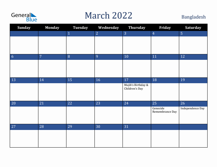 March 2022 Bangladesh Calendar (Sunday Start)