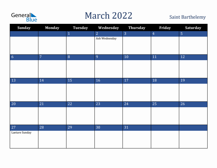 March 2022 Saint Barthelemy Calendar (Sunday Start)