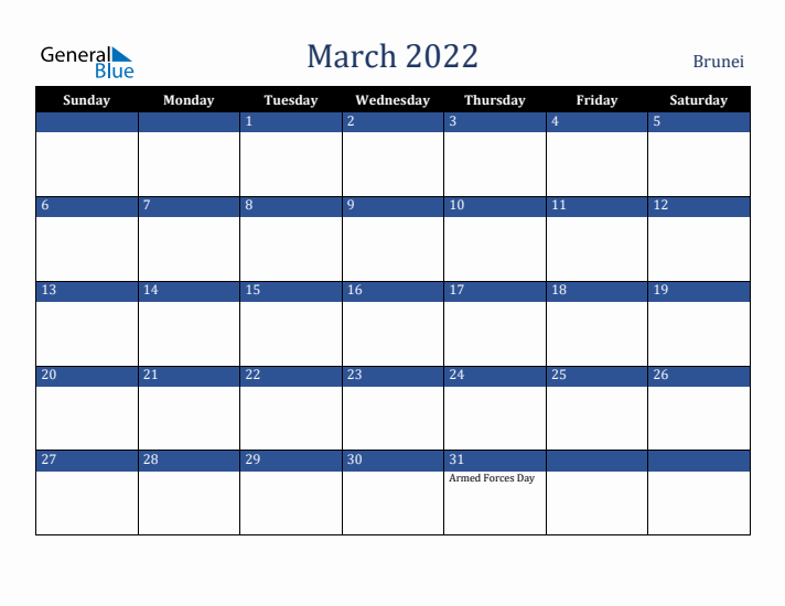 March 2022 Brunei Calendar (Sunday Start)