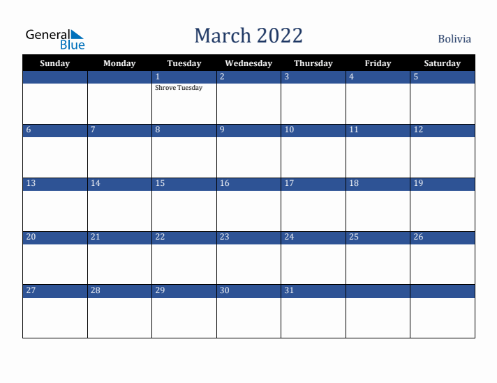 March 2022 Bolivia Calendar (Sunday Start)