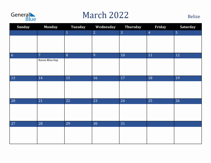 March 2022 Belize Calendar (Sunday Start)