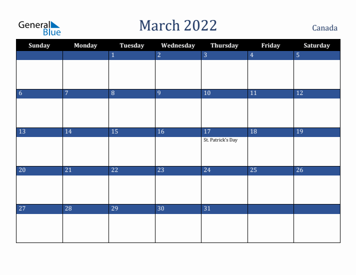 March 2022 Canada Calendar (Sunday Start)