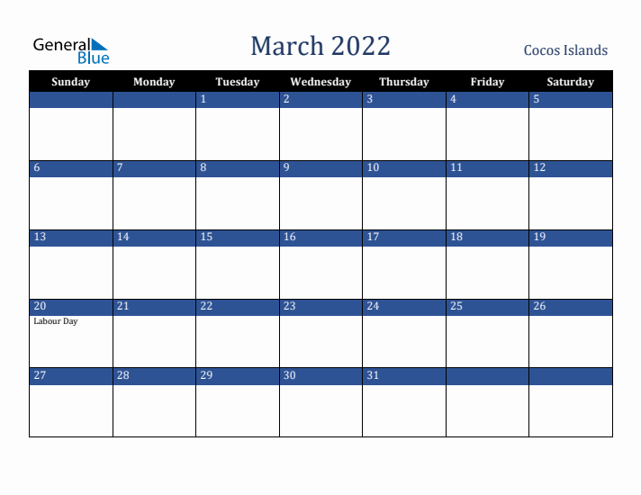 March 2022 Cocos Islands Calendar (Sunday Start)