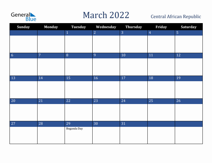 March 2022 Central African Republic Calendar (Sunday Start)