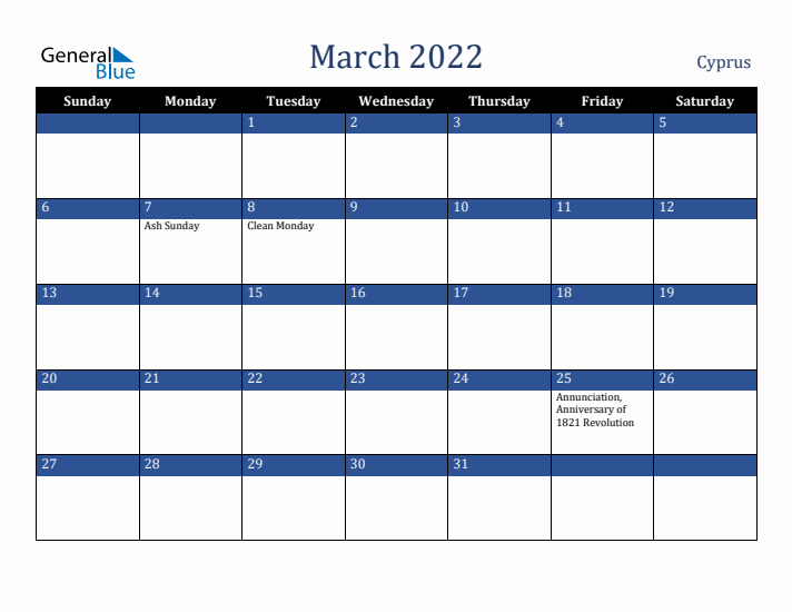 March 2022 Cyprus Calendar (Sunday Start)