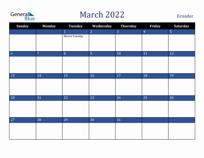 March 2022 Ecuador Calendar (Sunday Start)