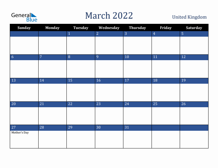 March 2022 United Kingdom Calendar (Sunday Start)