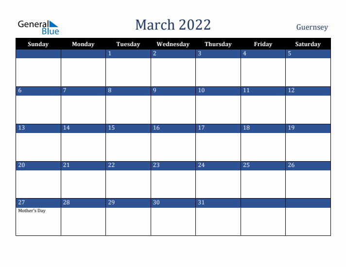 March 2022 Guernsey Calendar (Sunday Start)