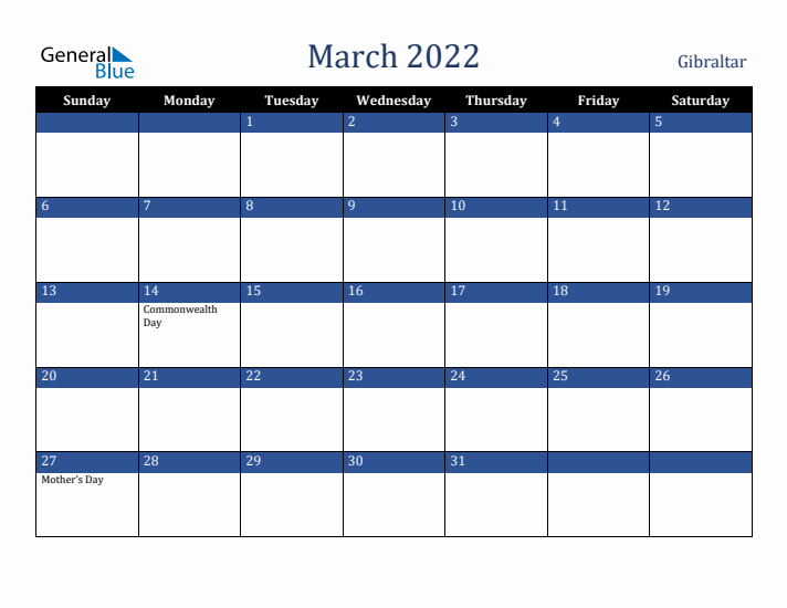 March 2022 Gibraltar Calendar (Sunday Start)