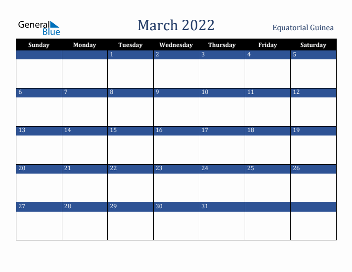 March 2022 Equatorial Guinea Calendar (Sunday Start)