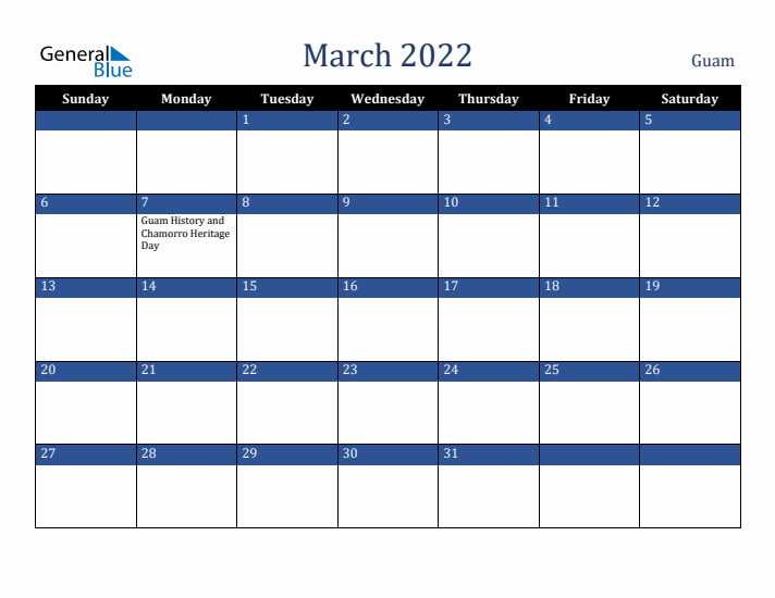 March 2022 Guam Calendar (Sunday Start)