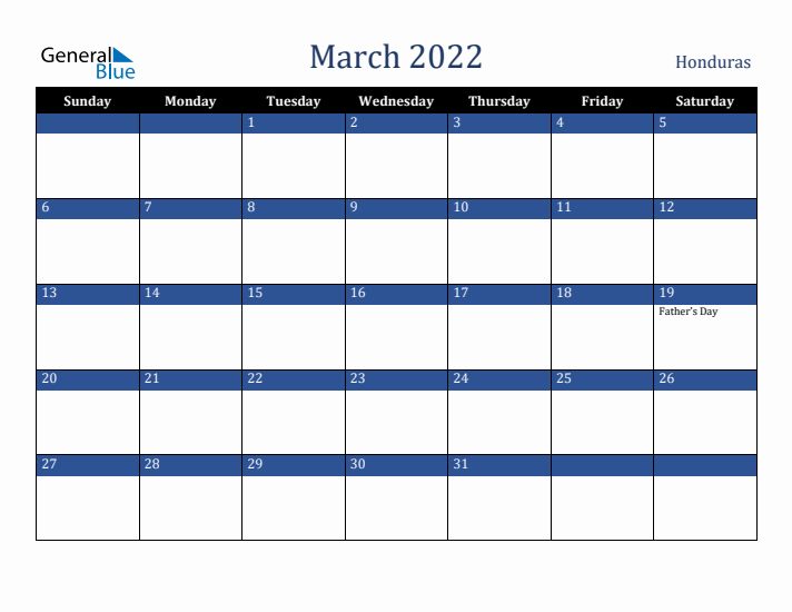 March 2022 Honduras Calendar (Sunday Start)