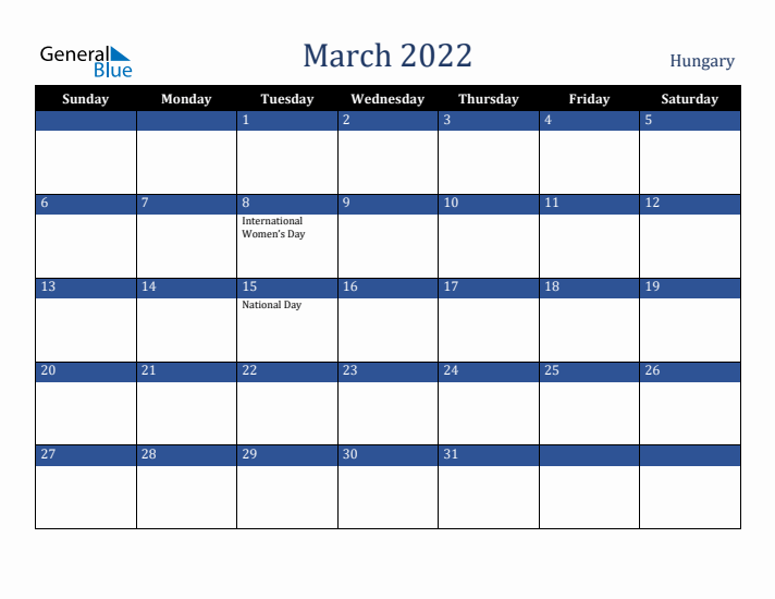 March 2022 Hungary Calendar (Sunday Start)