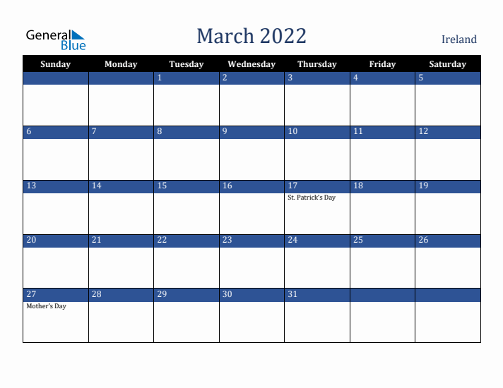 March 2022 Ireland Calendar (Sunday Start)