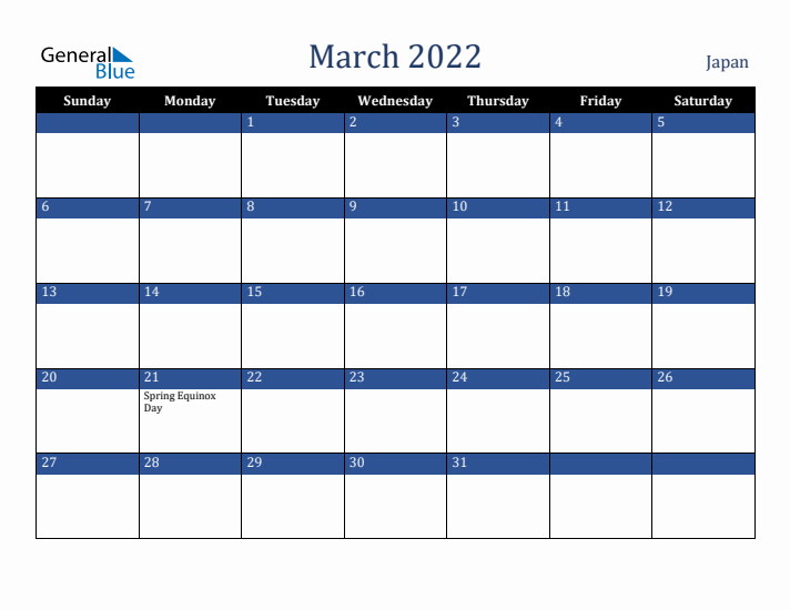 March 2022 Japan Calendar (Sunday Start)