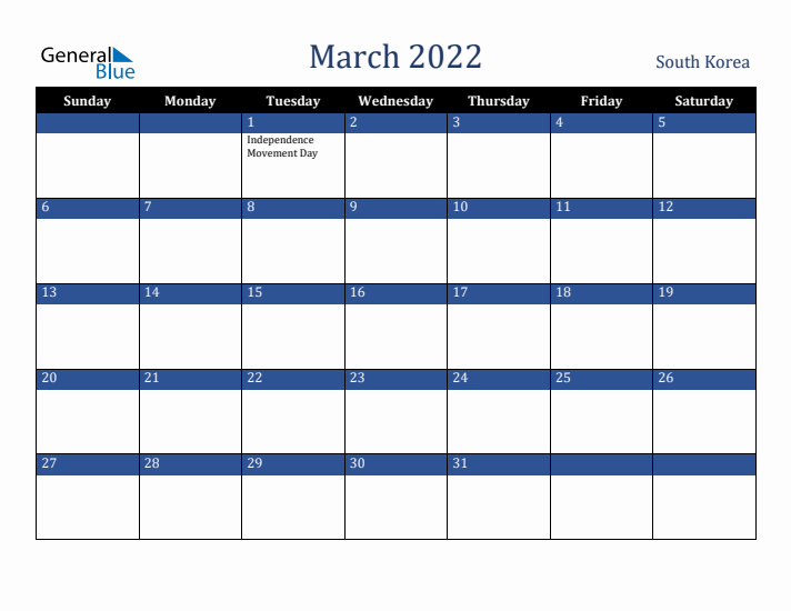 March 2022 South Korea Calendar (Sunday Start)