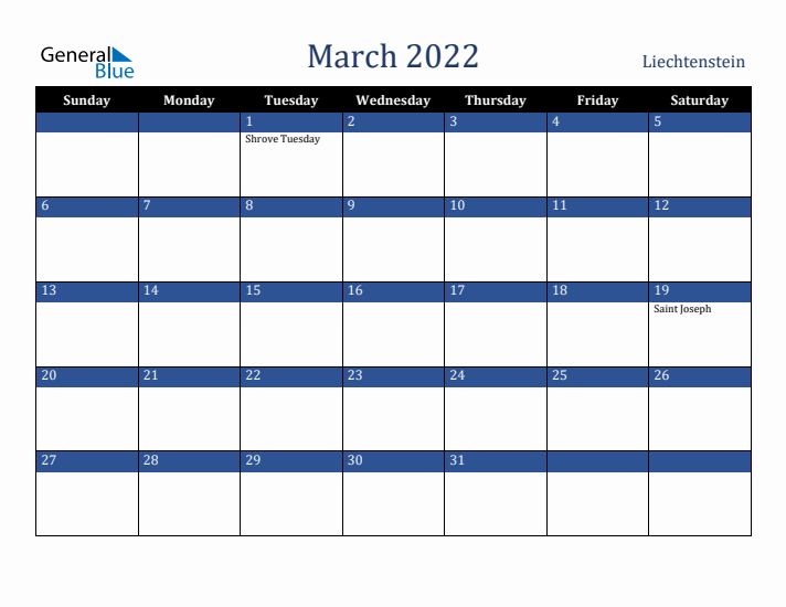 March 2022 Liechtenstein Calendar (Sunday Start)