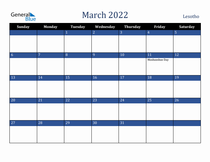 March 2022 Lesotho Calendar (Sunday Start)
