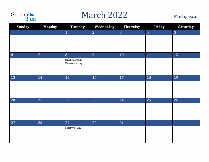 March 2022 Madagascar Calendar (Sunday Start)