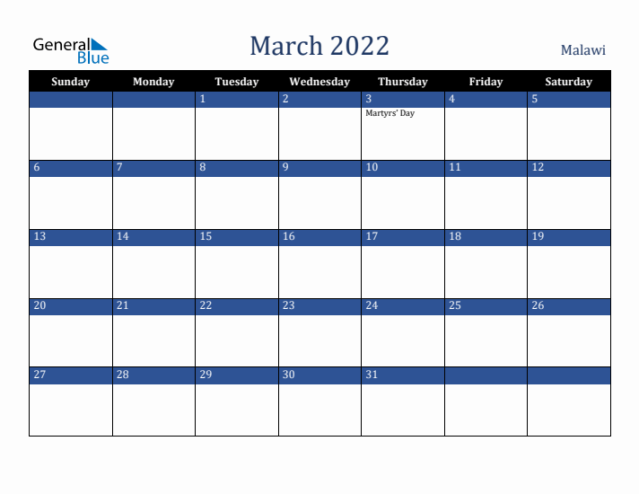 March 2022 Malawi Calendar (Sunday Start)