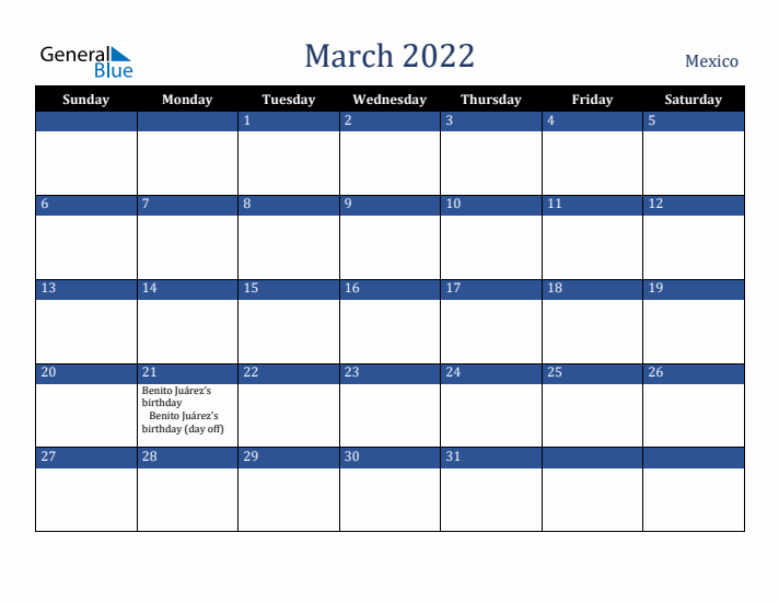 March 2022 Mexico Calendar (Sunday Start)