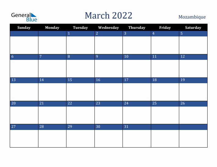 March 2022 Mozambique Calendar (Sunday Start)