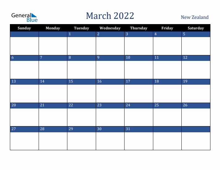 March 2022 New Zealand Calendar (Sunday Start)