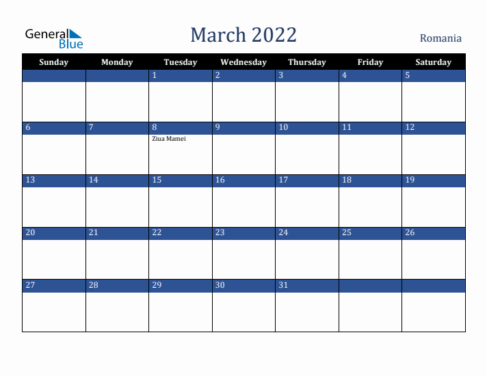 March 2022 Romania Calendar (Sunday Start)