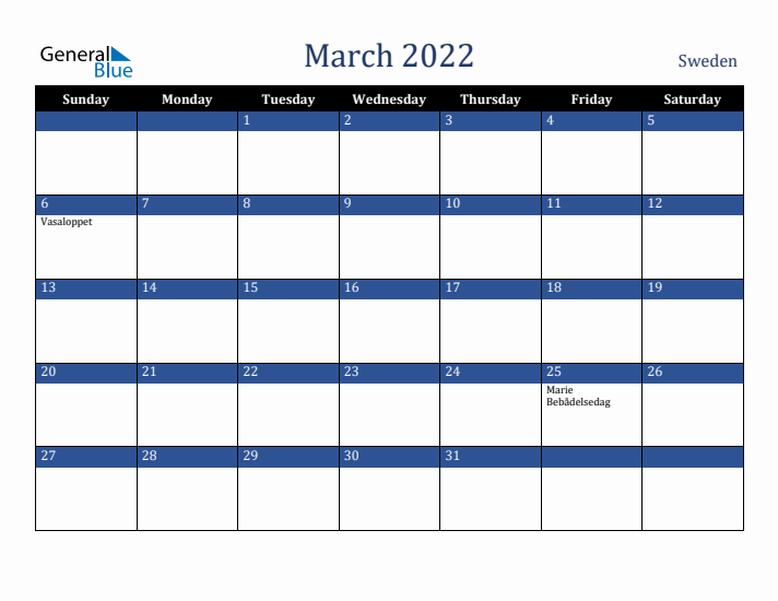 March 2022 Sweden Calendar (Sunday Start)
