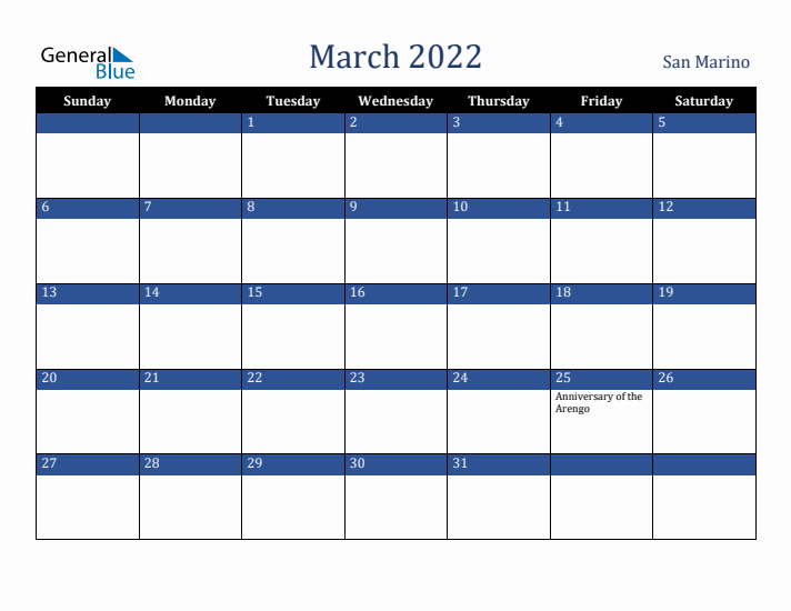 March 2022 San Marino Calendar (Sunday Start)