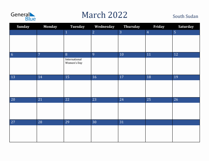March 2022 South Sudan Calendar (Sunday Start)