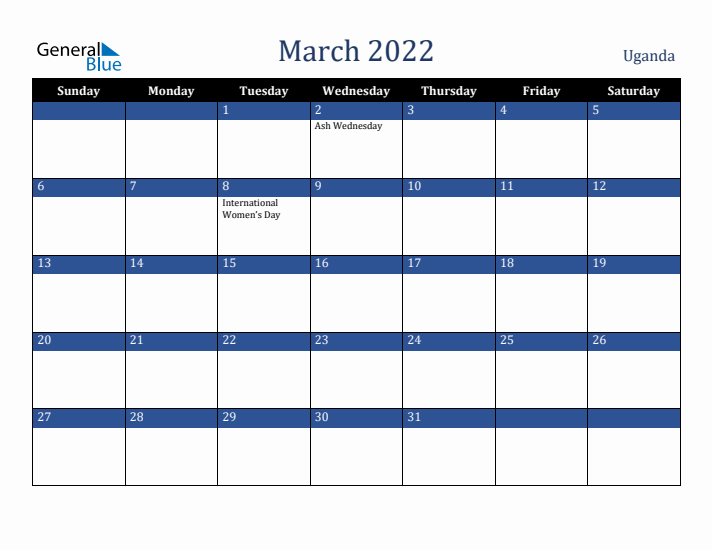 March 2022 Uganda Calendar (Sunday Start)