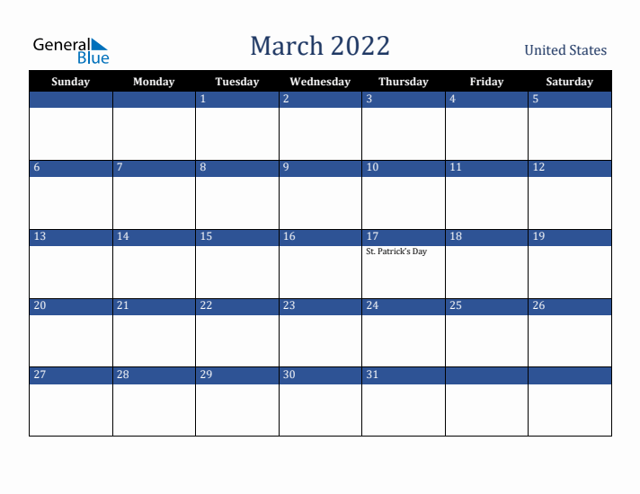 March 2022 United States Calendar (Sunday Start)