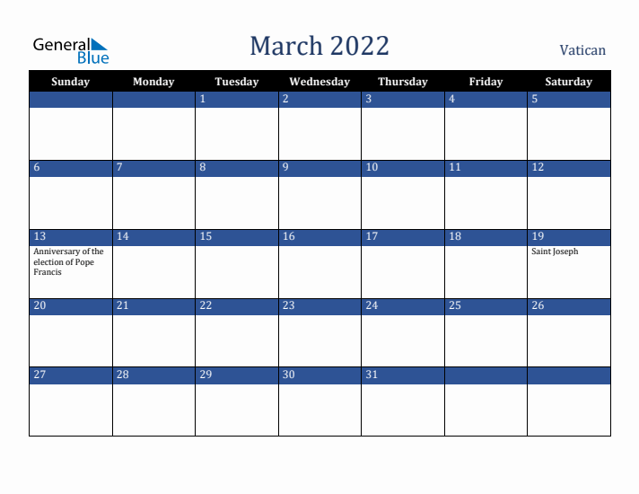 March 2022 Vatican Calendar (Sunday Start)