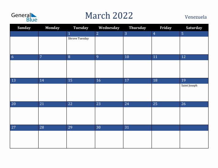 March 2022 Venezuela Calendar (Sunday Start)