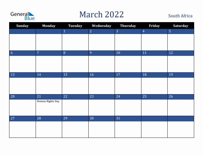 March 2022 South Africa Calendar (Sunday Start)